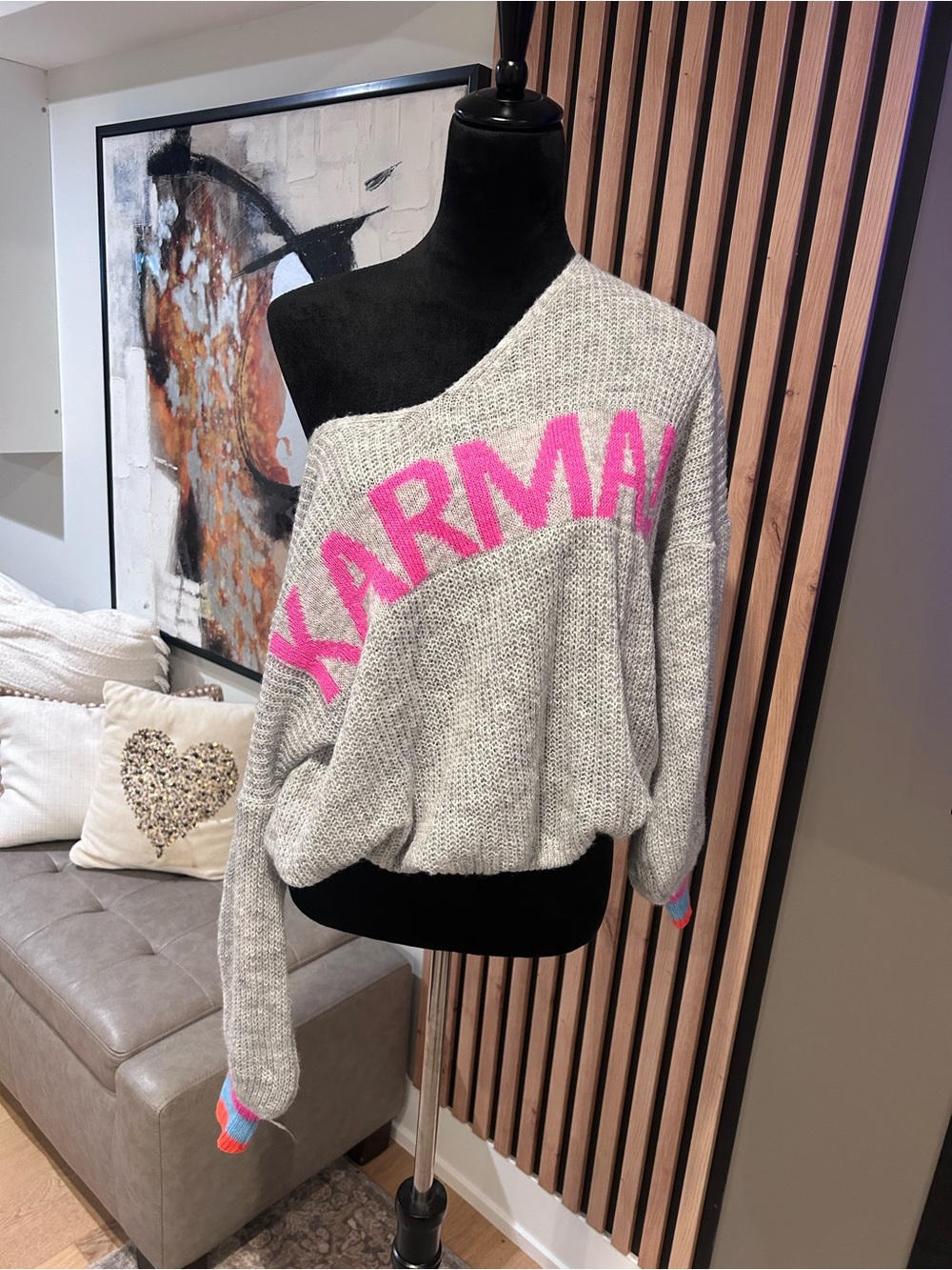 Karma Gray Off-Shoulder Sweater with Pink Logo